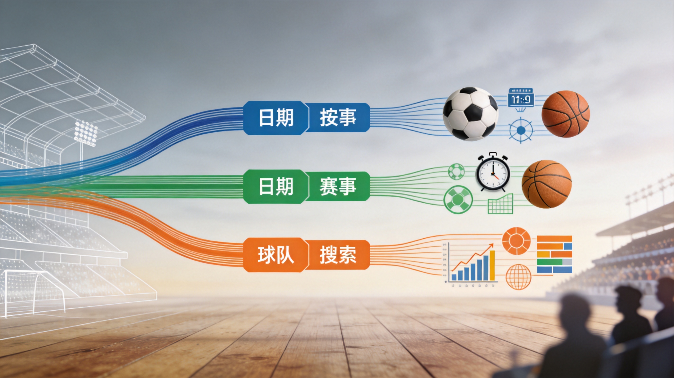 比分网首页比分查询入口示意图，展示按日期、赛事与球队三条路径定位比赛的检索模块